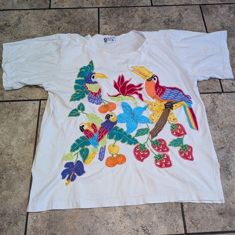 Tropical Art Embroidery Vintage 90s Ladies Medium Oversized Top